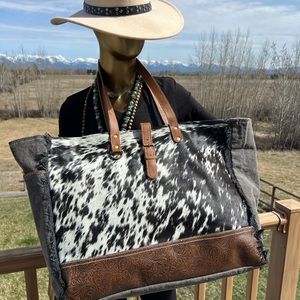 New🔥Myra Bag Cowhide Canvas Leather Weekender Travel XL Tote